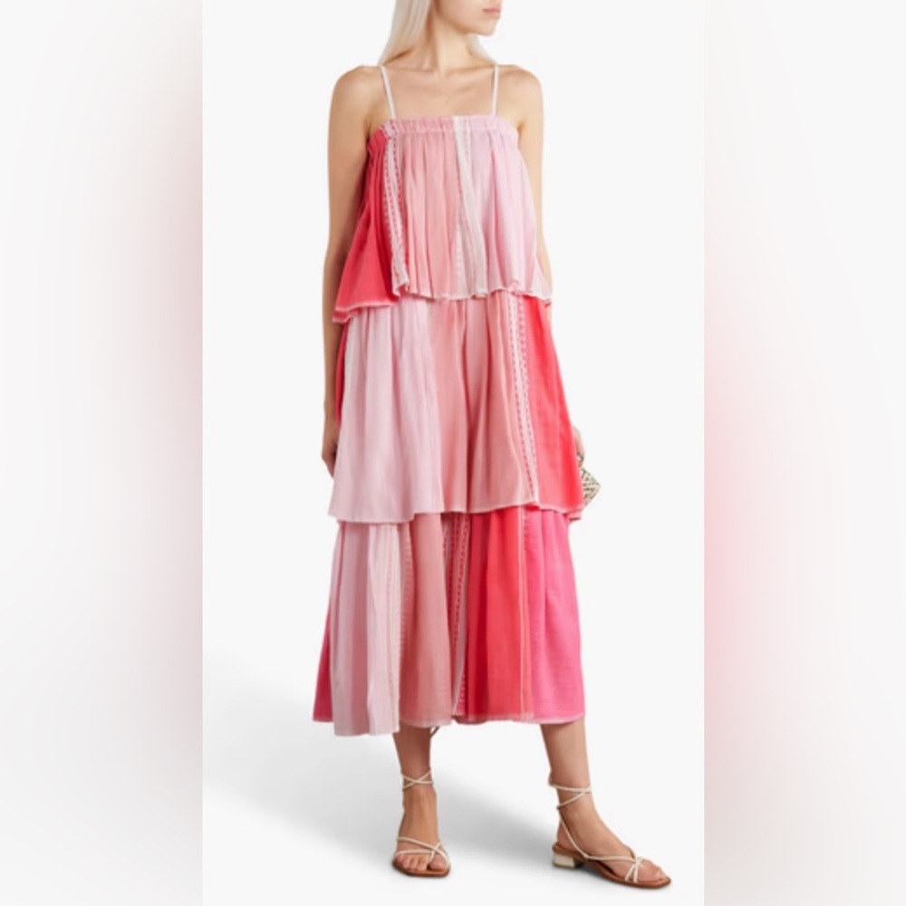 Lemlem Eshal Tiered Embroidered Cotton Gauze Maxi Dress Pink NWT XS or S Resort